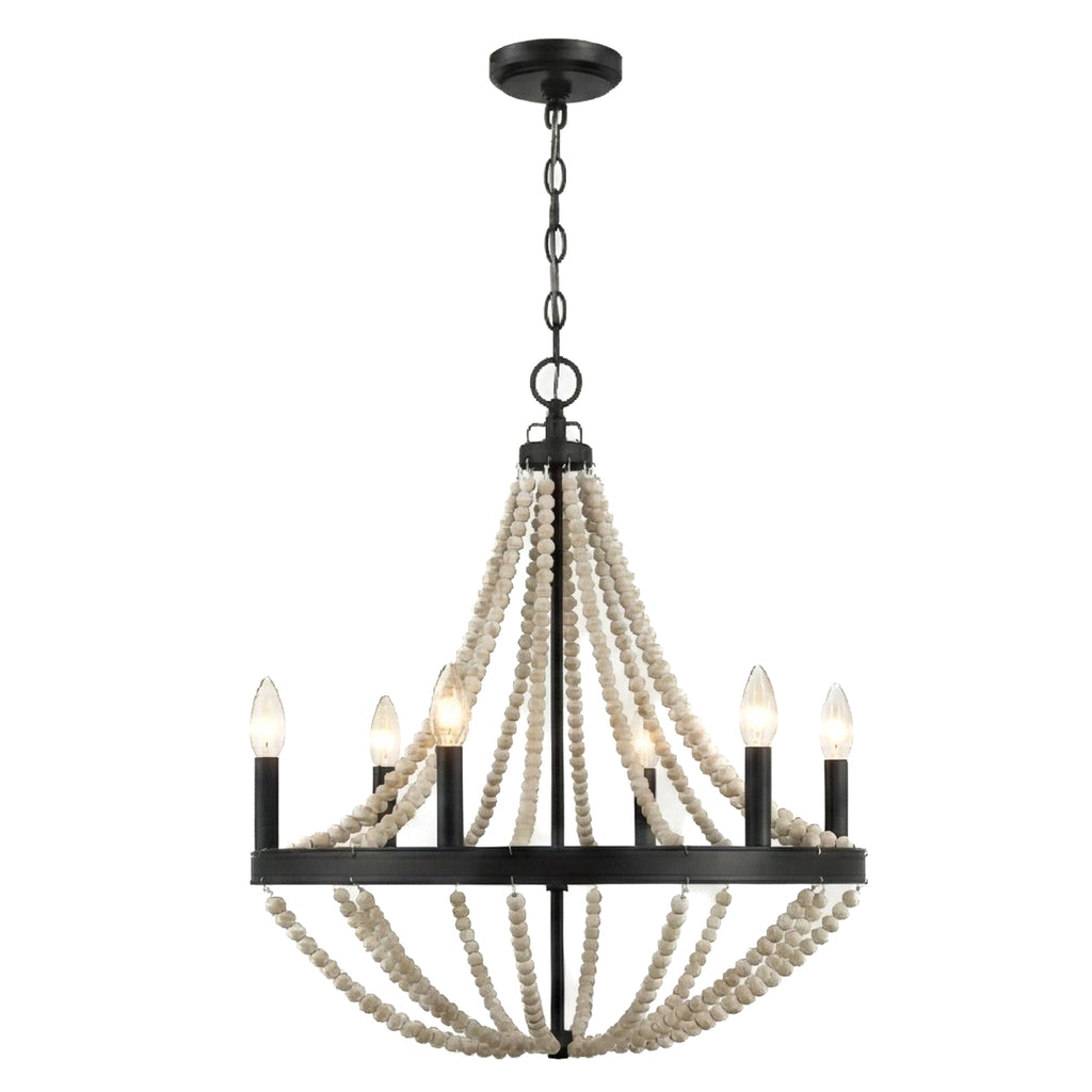 Starry Wood Chandelier Farmhouse Six Candle Light Wood Beaded Black Pendant Light