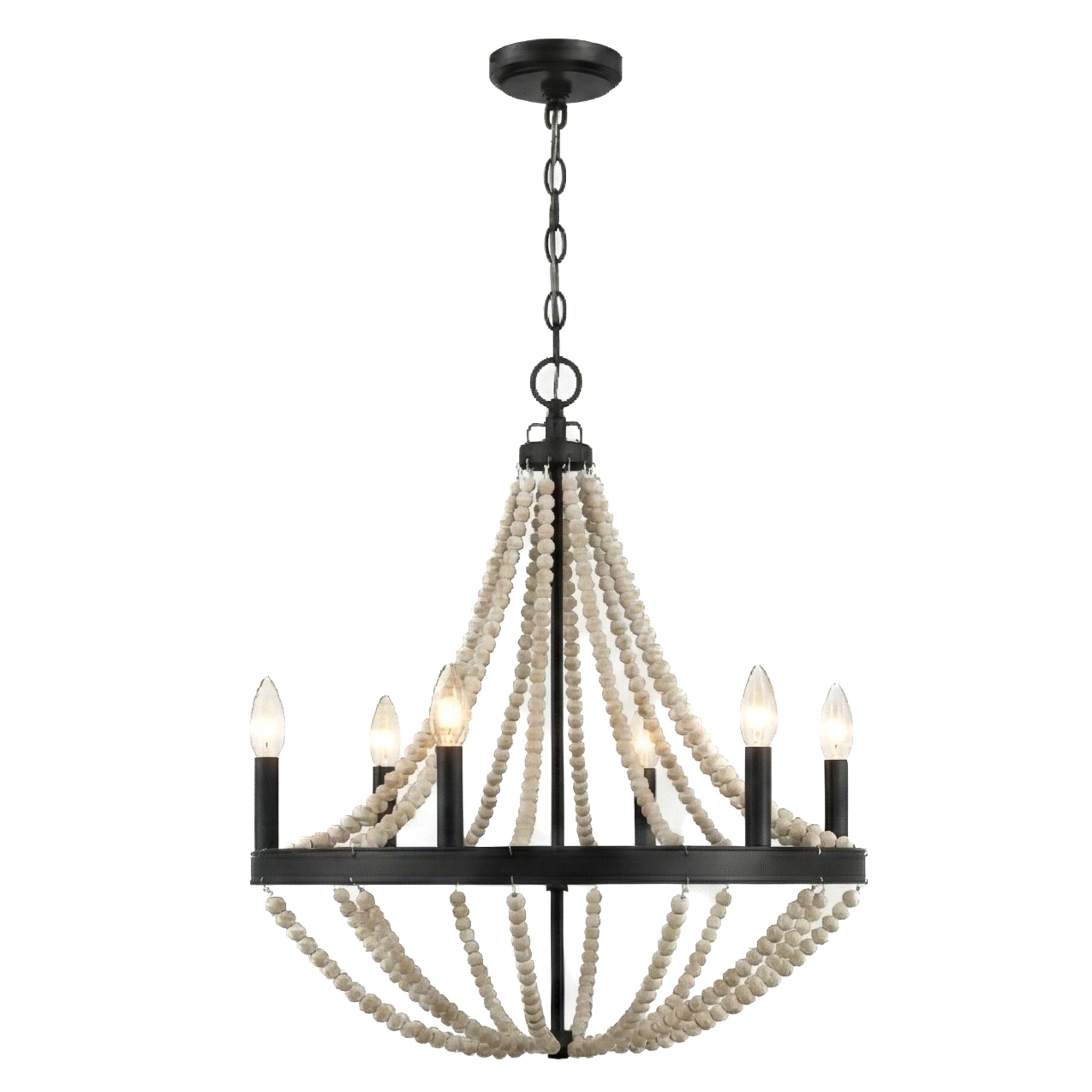 Starry Wood Chandelier Farmhouse Six Candle Light Wood Beaded Black Pendant Light