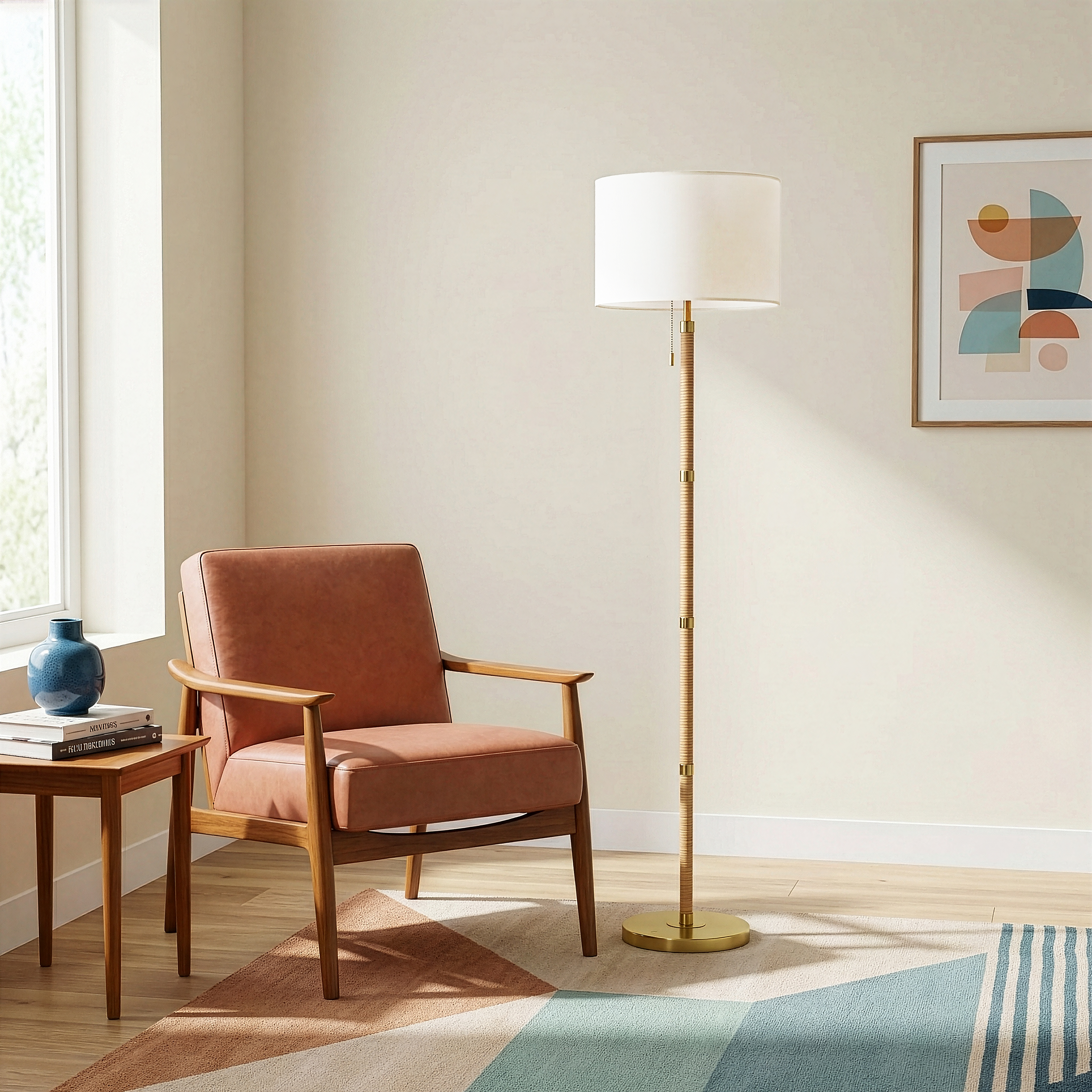 Stellar Wood Rattan Tube - Gold Brass Metal and White Linen Shade Floor Lamp