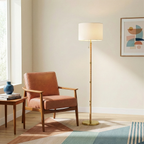 Stellar Wood Rattan Tube - Gold Brass Metal and White Linen Shade Floor Lamp