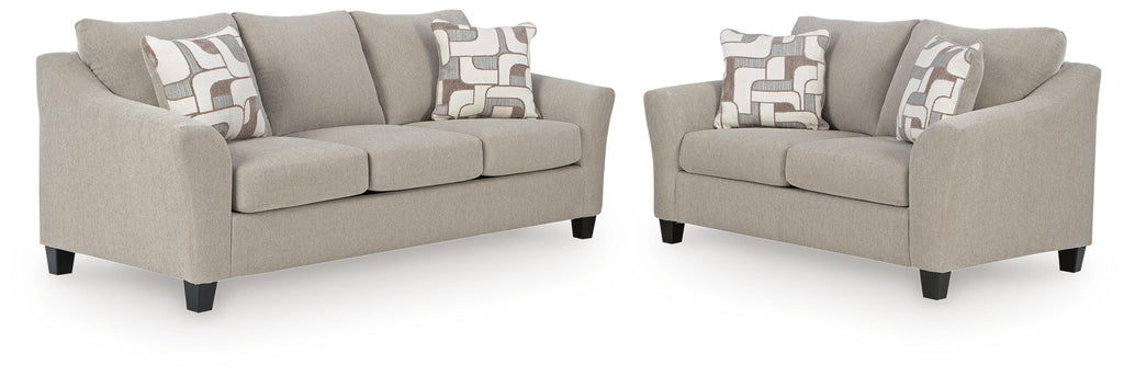 Taupe sofa and loveseat set on white background