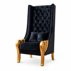 Throne 62.5-inch tall black accent chair with gold accents on white background
