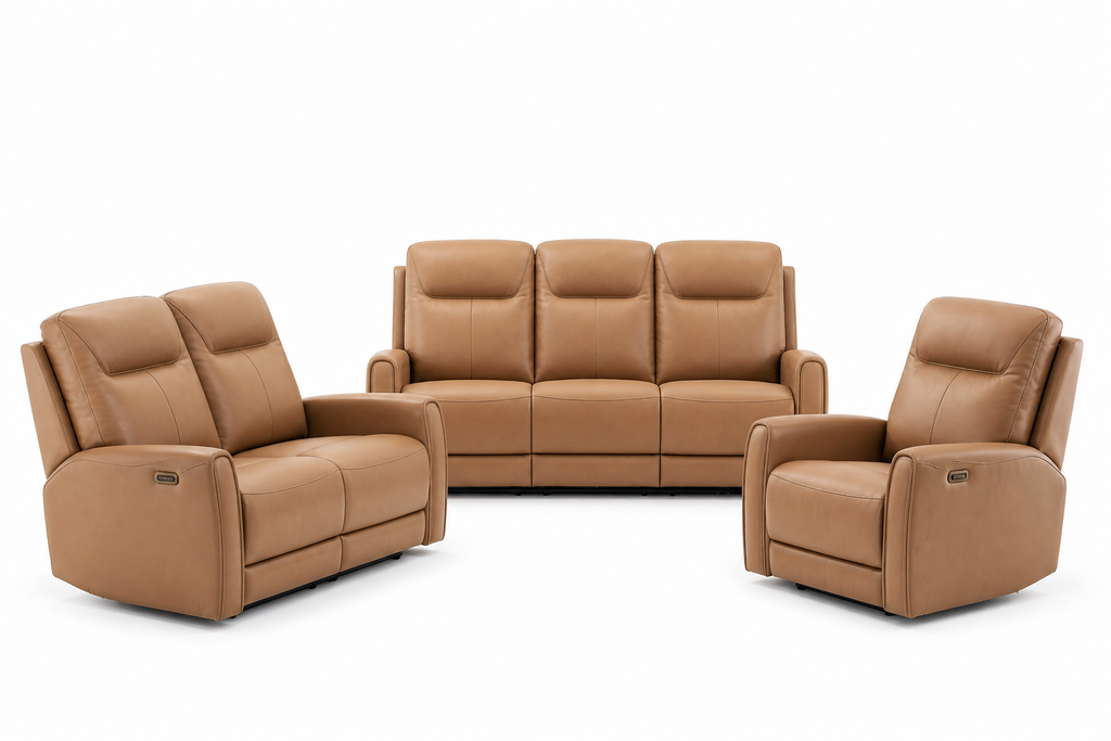 Tryanny butterscotch power-reclining sofa loveseat and recliner on white background