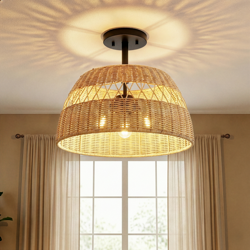 Twinkle 2-Light Rattan Semi-Flush Mount | Black Metal & Woven Farmhouse Ceiling Light