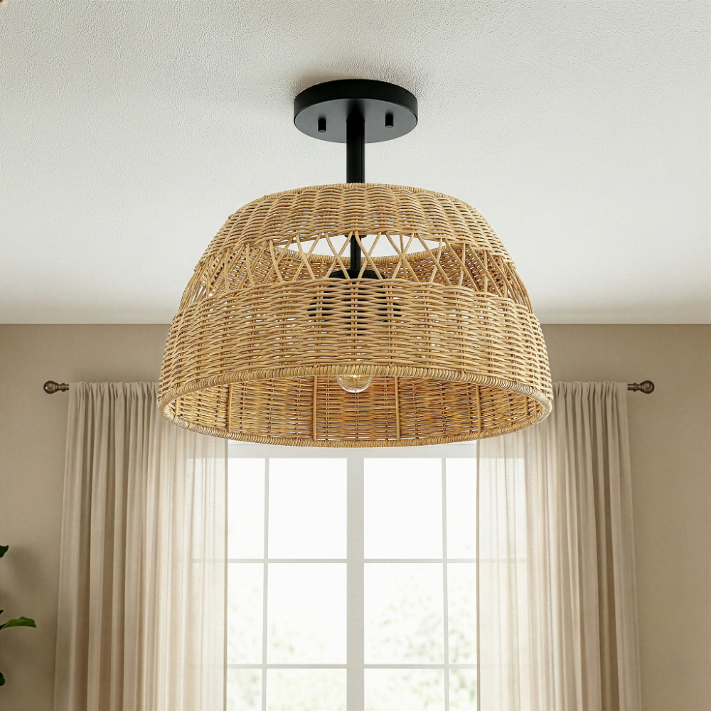 Twinkle 2-Light Rattan Semi-Flush Mount | Black Metal & Woven Farmhouse Ceiling Light