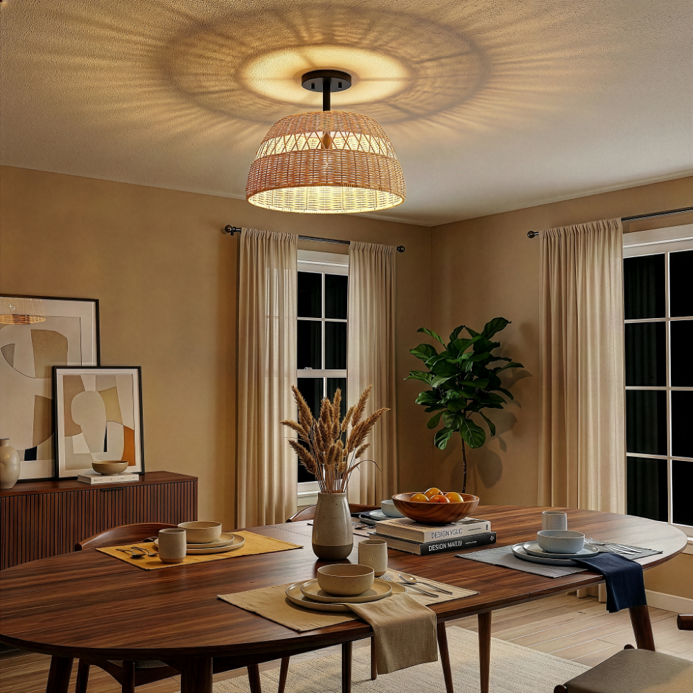 Twinkle 2-Light Rattan Semi-Flush Mount | Black Metal & Woven Farmhouse Ceiling Light