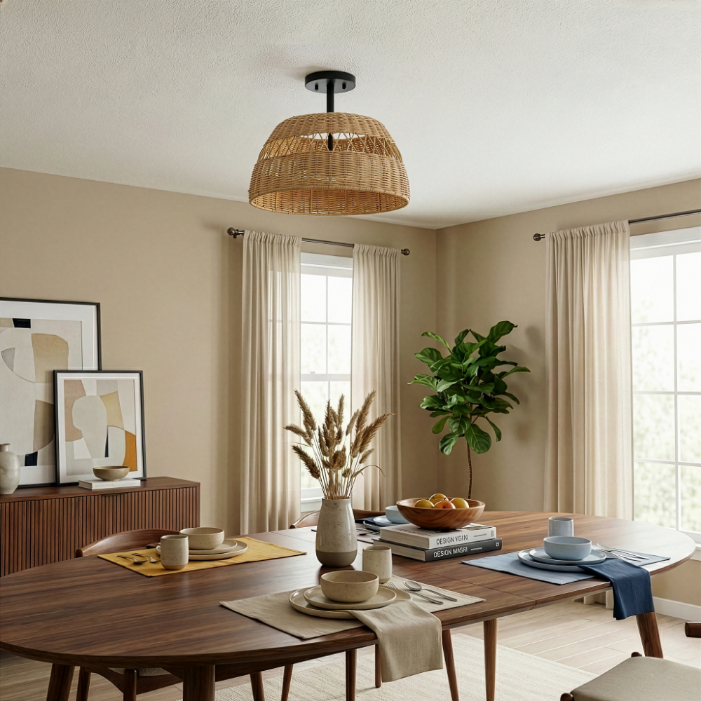 Twinkle 2-Light Rattan Semi-Flush Mount | Black Metal & Woven Farmhouse Ceiling Light