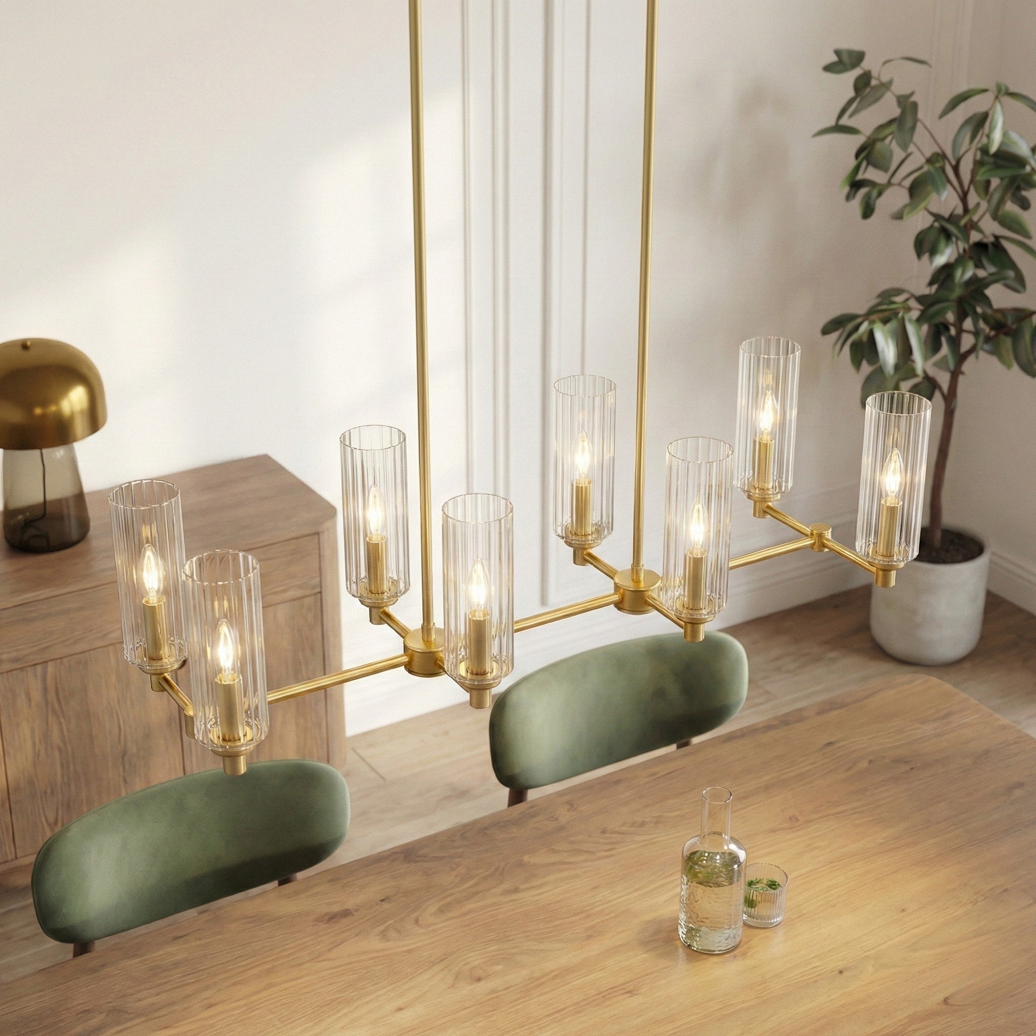 Willow Eight Lights Island With Clear Ribbed Glass Pendant Lamp - Satin Brass